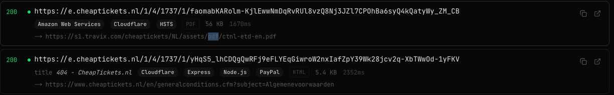 opaque-token email links on e.cheaptickets.nl, in /urls