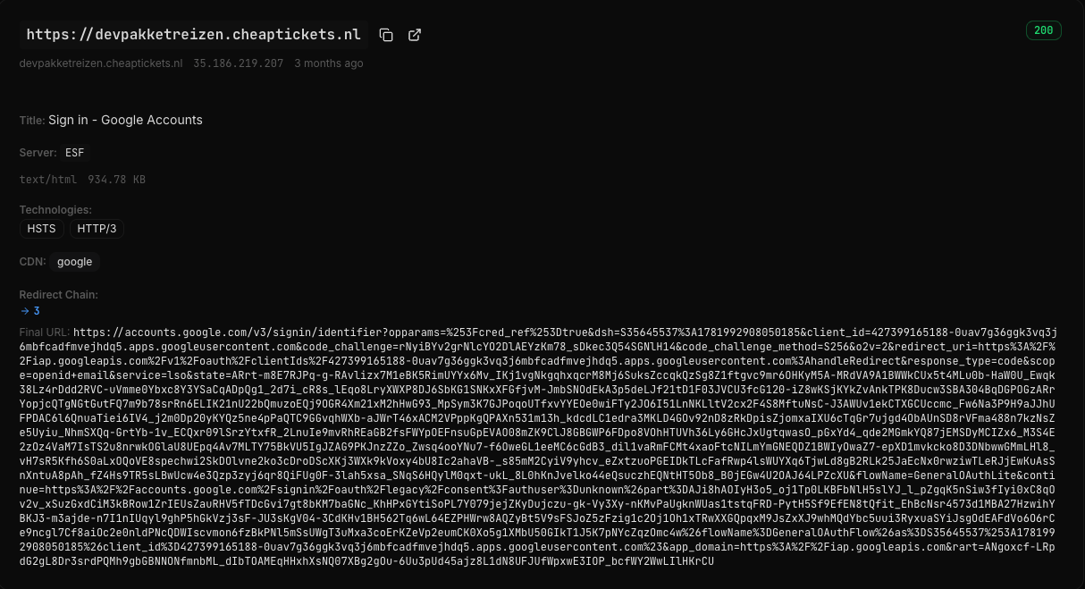 the 35 hosts fronted by one "Sign in - Google Accounts" IAP page, in /probes