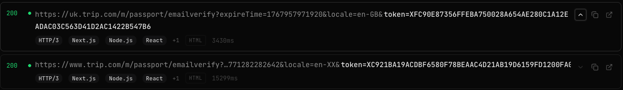 token and jwt parameters riding in trip.com URLs, in /urls